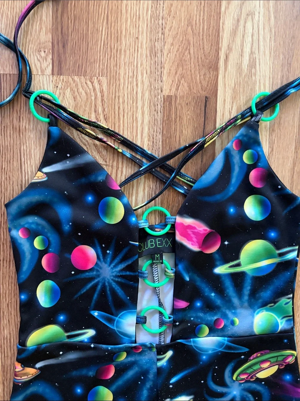 CLUB EXX ✨Dolls Kill RAVER Space-babe Black and neon Romper Shorts. NWOT - Picture 4 of 9
